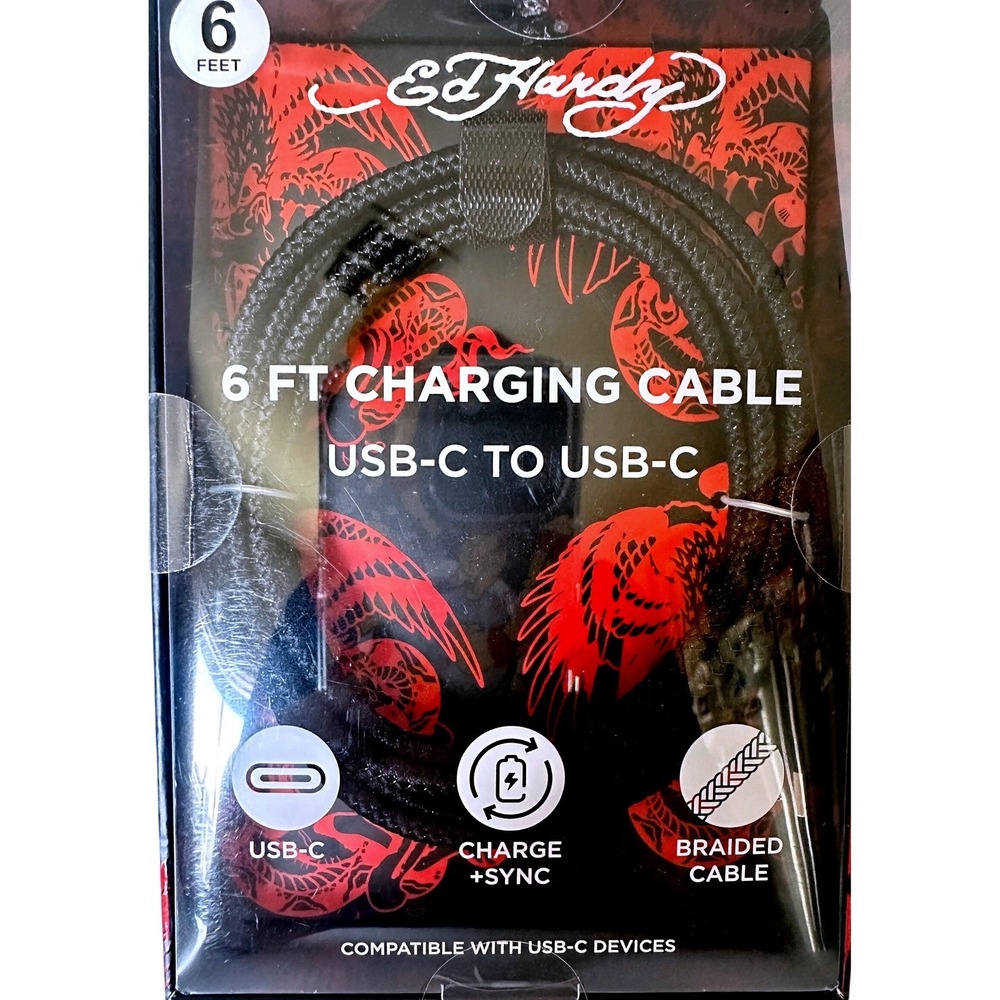 Ed Hardy USB-C to USB-C Charging Cable 6ft Black Braided New Rapid Charge Sync